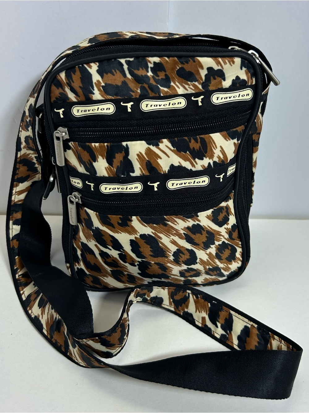 Travelon Leopard Print Crossbody Messenger Bag nylon travel brown